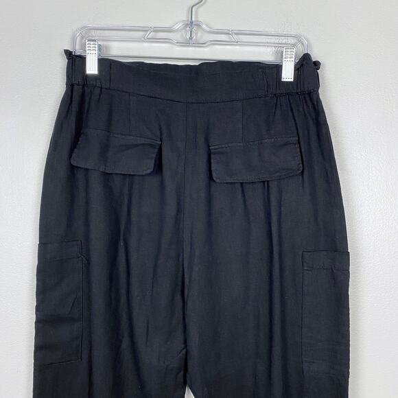 Zara Baggy Linen Trouser Cargo Pant Black Tapered Leg Pockets Cuffed Size 6 - Picture 6 of 10